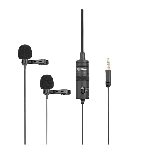 A black lavalier microphone with foam windscreen, lapel clip, 1/4” adapter and an LR44 battery.
