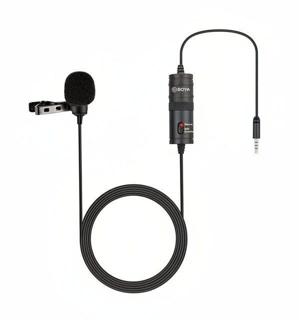 BOYA BY-M1 - Lavalier microphone with cable and Boya branding on a white background