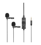 A black lavalier microphone with foam windscreen, lapel clip, 1/4” adapter and an LR44 battery.