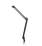 A black boom arm microphone stand with an adjustable length and angle, designed for streaming, podcasting, and home studio setups.