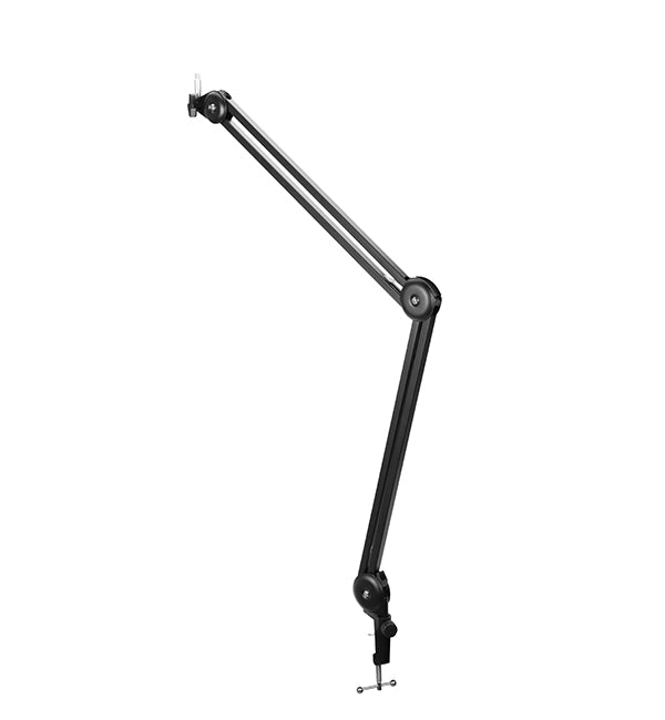 A black boom arm microphone stand with an adjustable length and angle, designed for streaming, podcasting, and home studio setups.