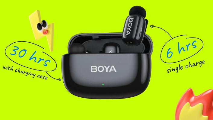 BOYA wireless earbuds with charging case on a green background