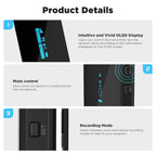 Product details of a transmitter and receiver with OLED display, mute control, and recording mode options.
