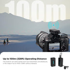 Camera with wireless microphone system and text about operating distance on a desert landscape background