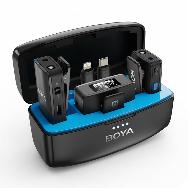 Boya charging station with multiple battery packs and connectors on a white background
