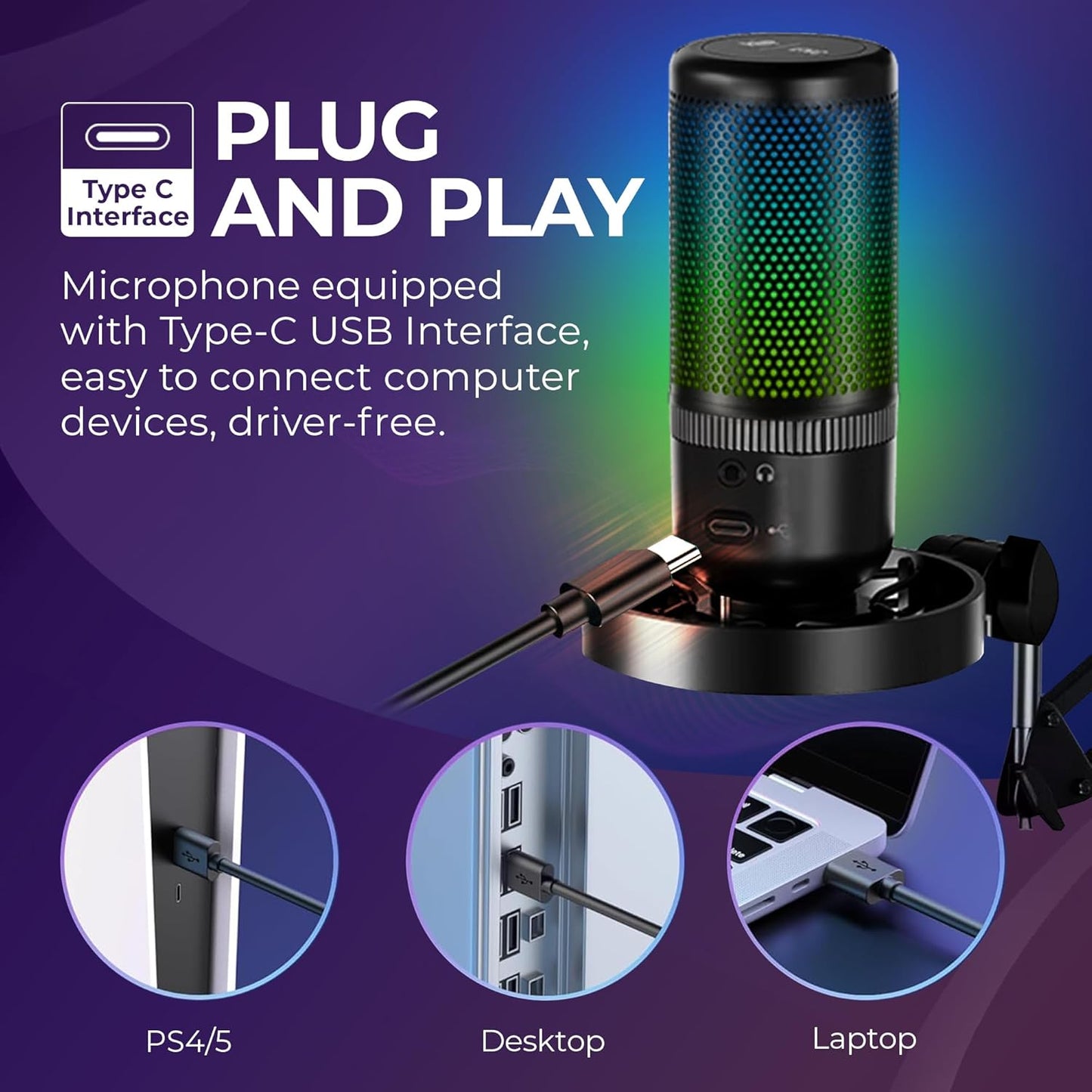 BOYA K3 RGB Gaming Condenser Mic Kit with Pop Filter, Shock Mount, USB-C Cable – Ideal Podcast Mic Set for Podcasting, Streaming and Gaming (Black)