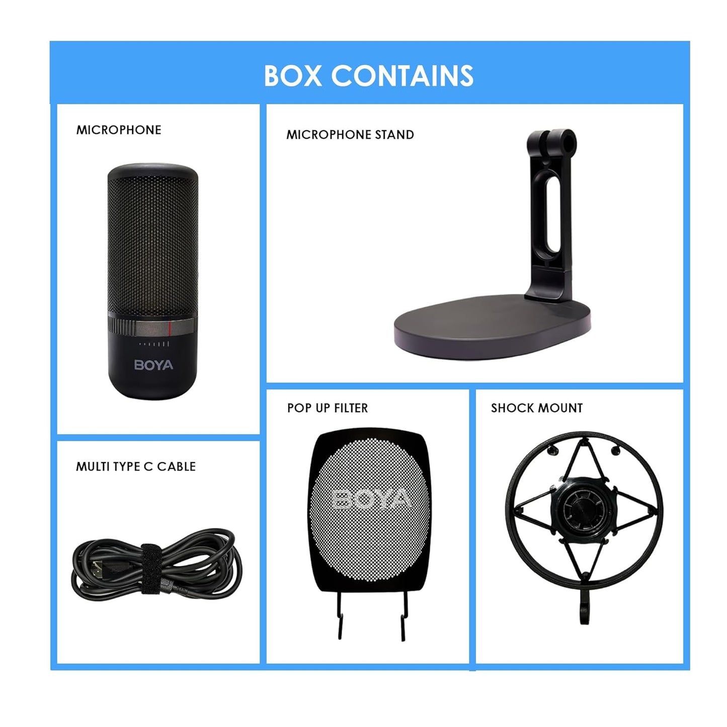 BOYA K3 RGB Gaming Condenser Mic Kit with Pop Filter, Shock Mount, USB-C Cable – Ideal Podcast Mic Set for Podcasting, Streaming and Gaming (Black)