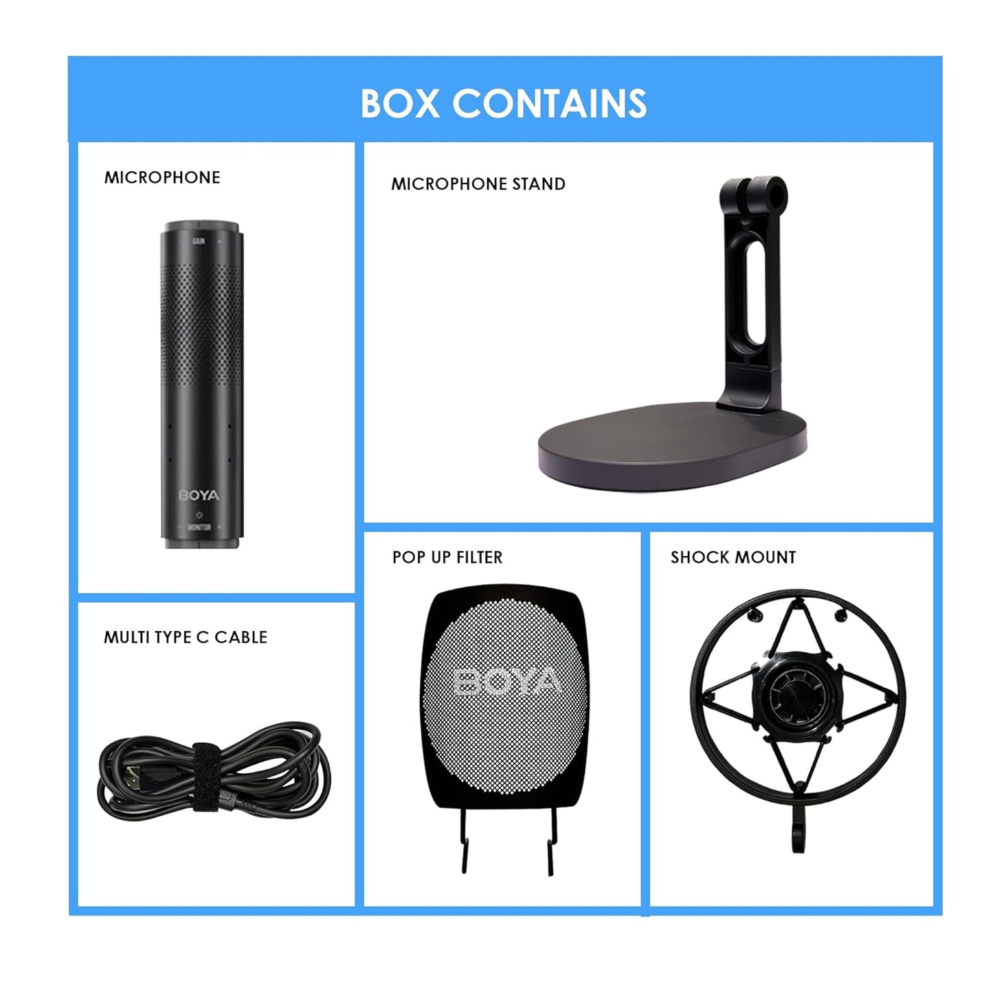 BOYA K9 RGB Gaming Condenser Mic Kit with Pop Filter, Shock Mount, Cover & USB-C Cable – Ideal Podcast Mic Set for Podcasting, Streaming and Gaming (Black)