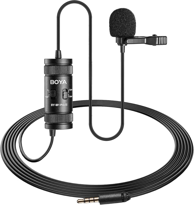 Boya BY-M1 Pro II lavalier microphone with cable on a white background