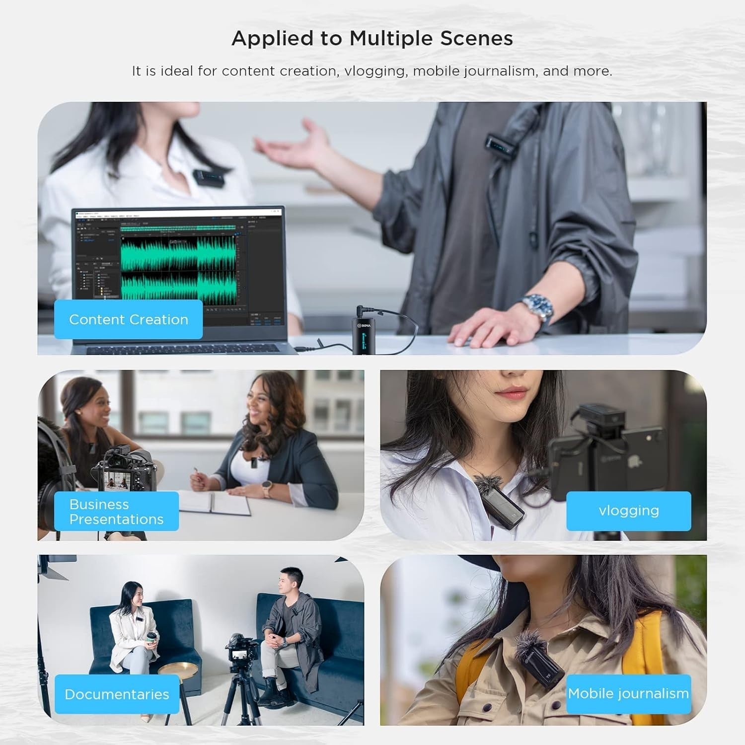 Collage of people using technology in various settings with text indicating use cases.