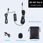 BOYA BY-M1 Pro II microphone package with 1.6M lavalier microphone, mic clip, foam windscreen, and carrying case on a white background.