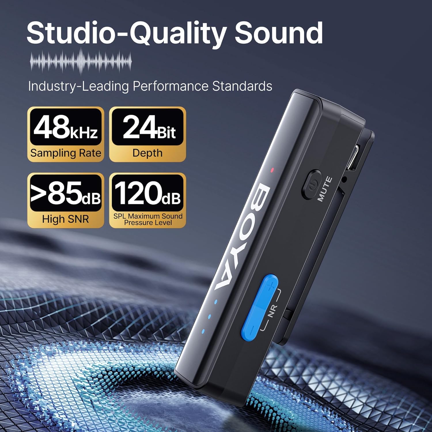 Sound recorder with technical specifications on a dark background