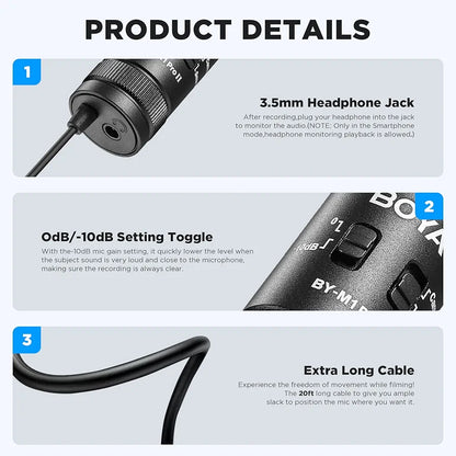 BOYA Lavalier Lapel Microphone - No Battery, by-M1 Pro ll Omnidirectional Condenser Mic for iPhone Camera Android PC Windows - for YouTube, Interview, Video Recording 19.6ft