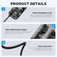 Product details of a microphone with 3.5mm headphone jack, OdB/-10dB setting toggle, and extra long cable on a gray background.