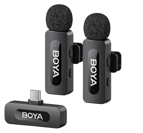 BOYA wireless microphone system on a white background
