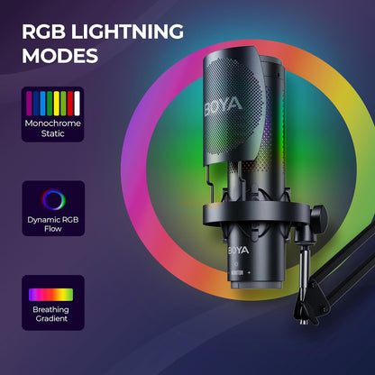 BOYA K9 RGB Gaming Condenser Mic Kit with Pop Filter, Shock Mount, Cover & USB-C Cable – Ideal Podcast Mic Set for Podcasting, Streaming and Gaming (Black)