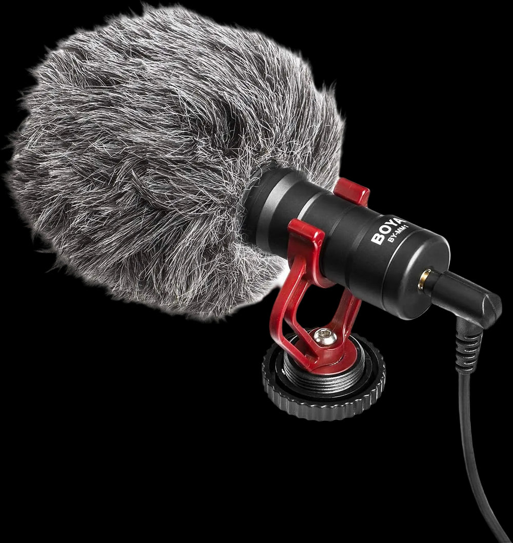 Microphone with a gray windscreen on a white background