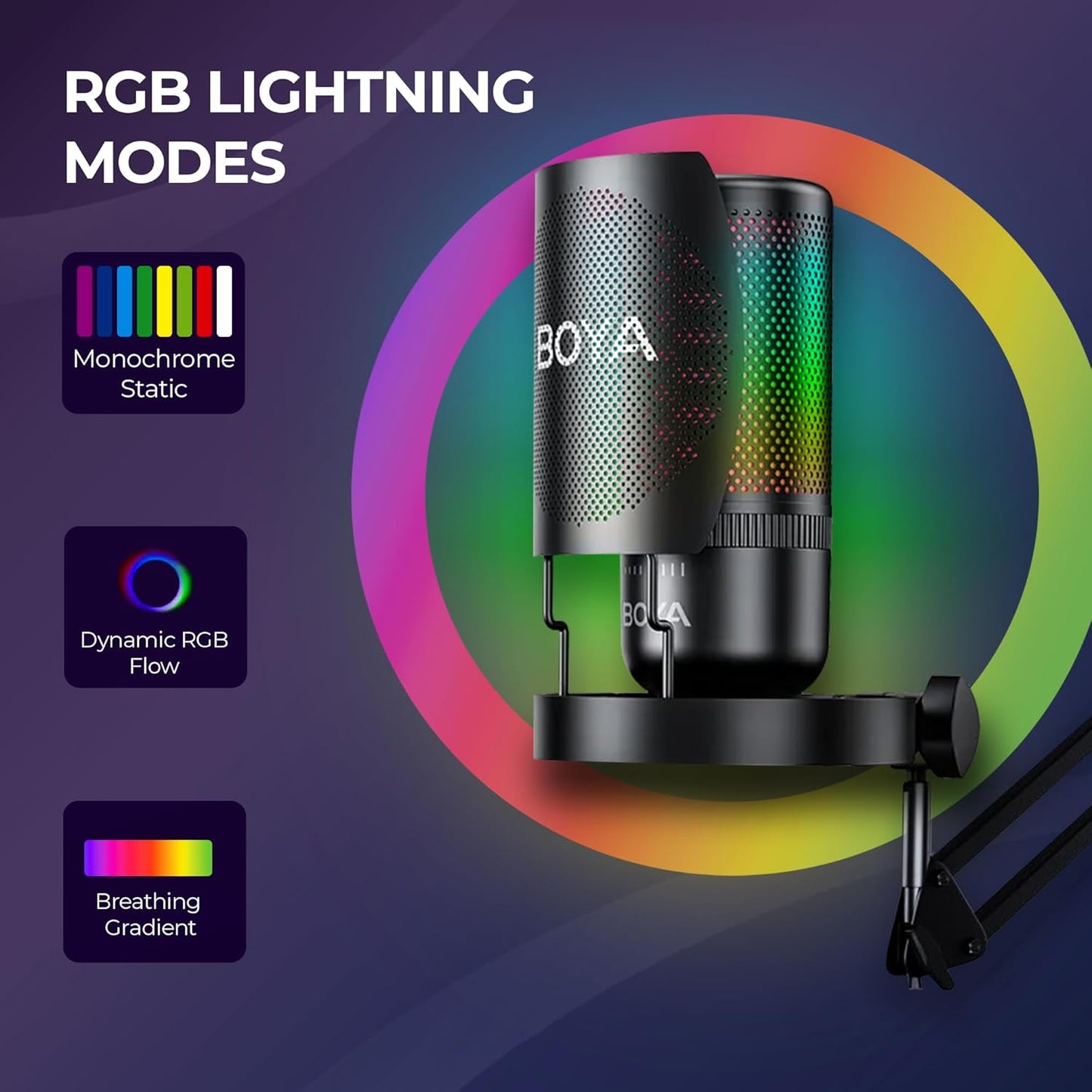 BOYA K3 RGB Gaming Condenser Mic Kit with Pop Filter, Shock Mount, USB-C Cable – Ideal Podcast Mic Set for Podcasting, Streaming and Gaming (Black)