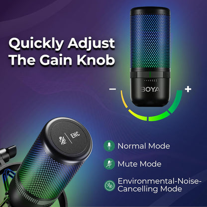 BOYA K3 RGB Gaming Condenser Mic Kit with Pop Filter, Shock Mount, USB-C Cable – Ideal Podcast Mic Set for Podcasting, Streaming and Gaming (Black)
