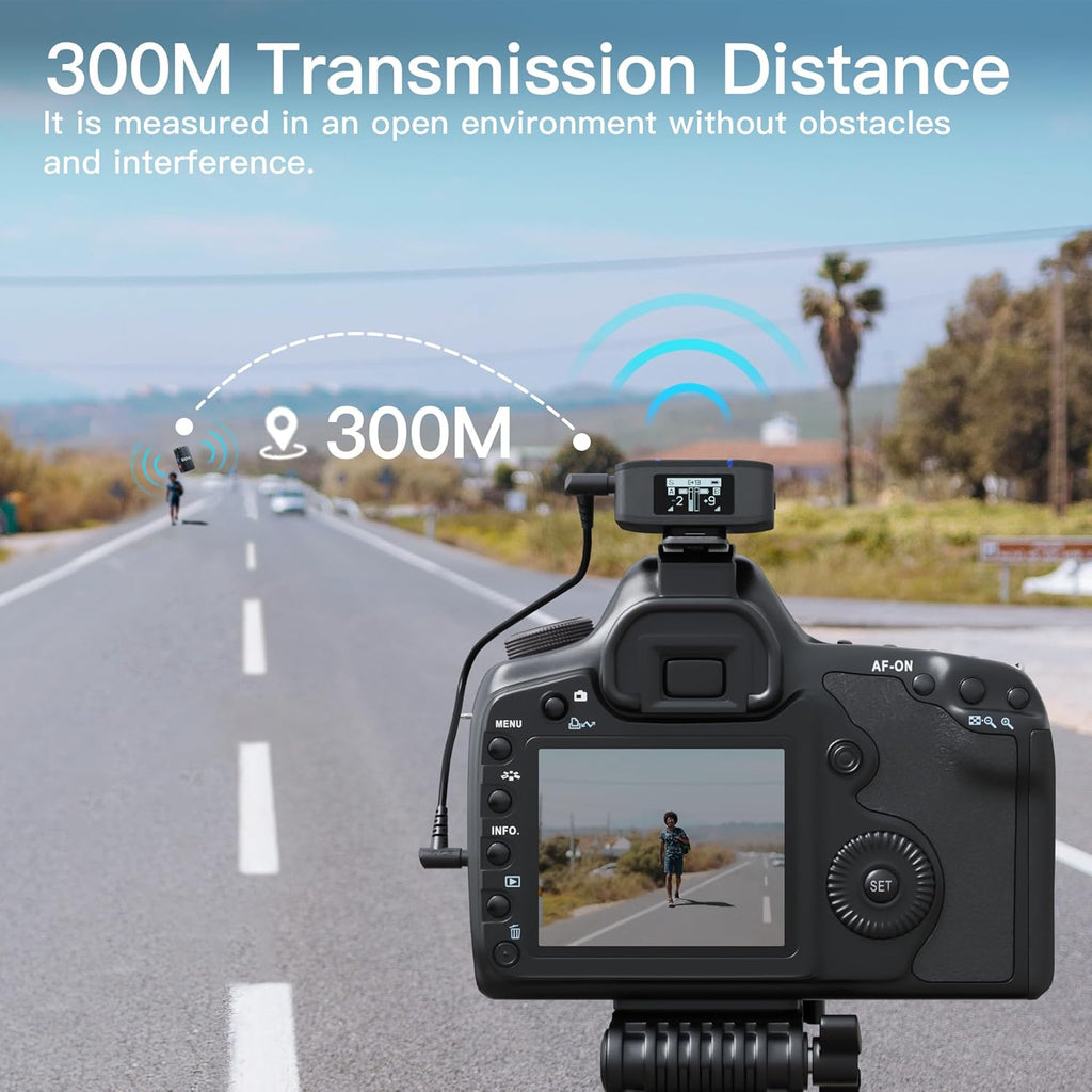 Camera on a road with a person in the distance, showing 300M transmission distance feature.