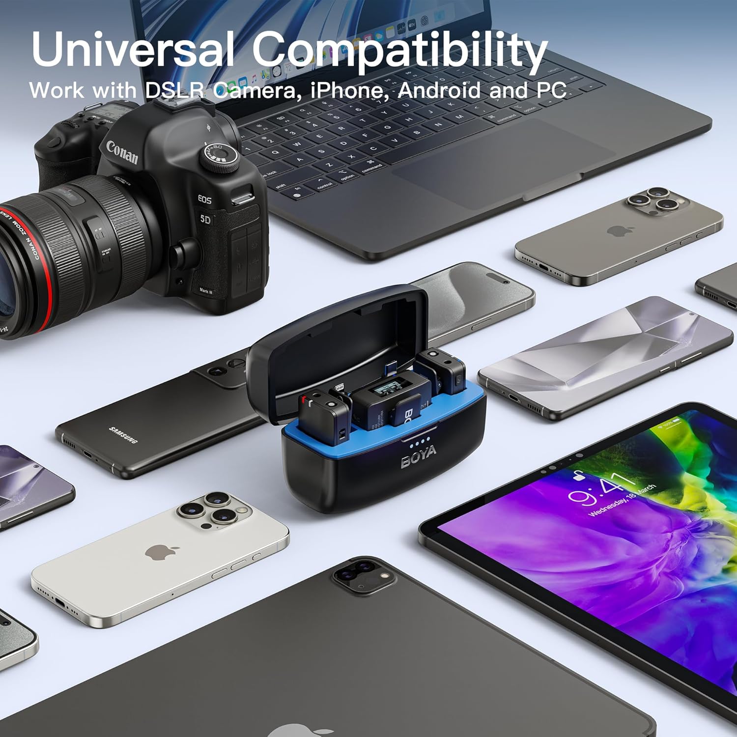 Electronic device with various smartphones, tablets, and a DSLR camera on a white background.
