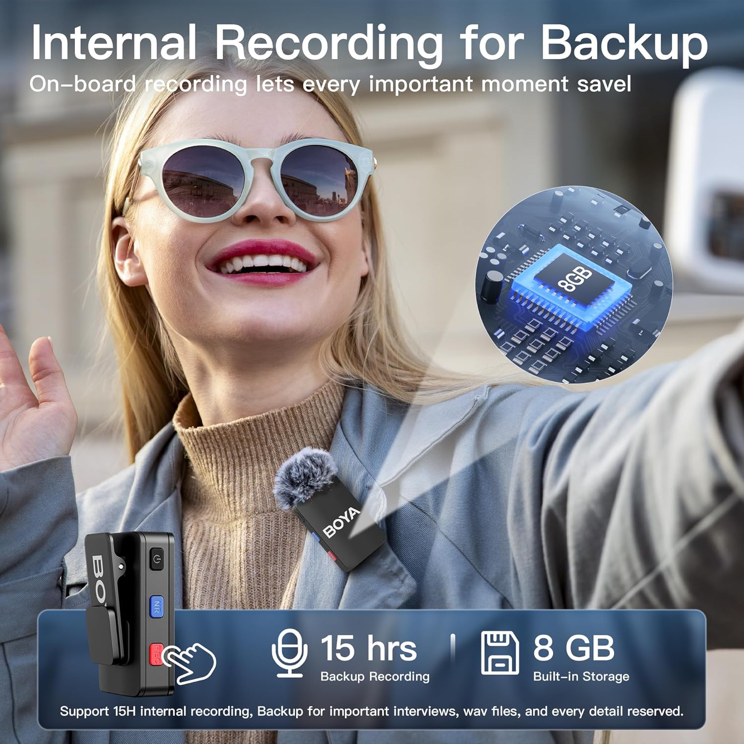 Person wearing sunglasses with a device labeled 'BOYA' on a strap, featuring text about internal recording for backup.