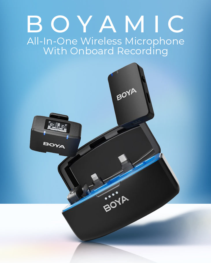 BOYA all-in-one wireless microphone set with charging case on a blue gradient background