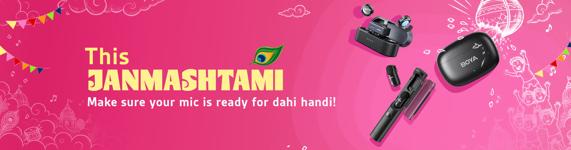 A pink promotional banner with the text 'This JANMASHTAMI Make sure your mic is ready for dahi hand!' alongside several audio-related products including a black wireless earbud, earbud case, and microphone. The ROYX brand name is visible on the earbud case.