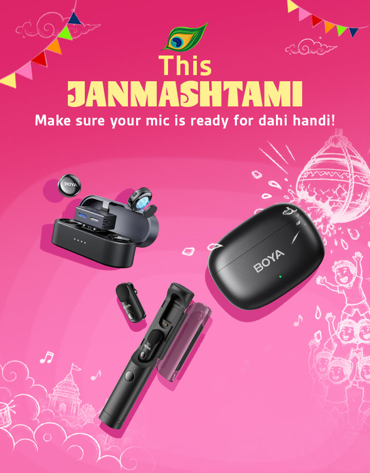 A promotional graphic for a pair of black BOYA true wireless earbuds and their charging case on a bright pink background with festive decorative elements and text reading 'This JANMASHTAMI'.