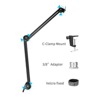 Black adjustable arm with C-Clamp Mount, 3/8" Adapter, and Velcro fixed components on a white background.
