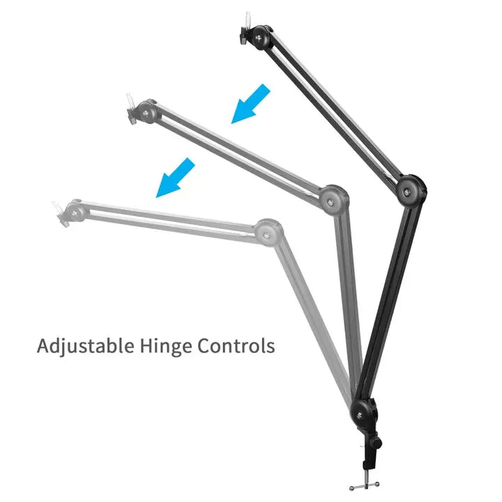 Adjustable arm with hinges and blue arrows indicating movement on a white background