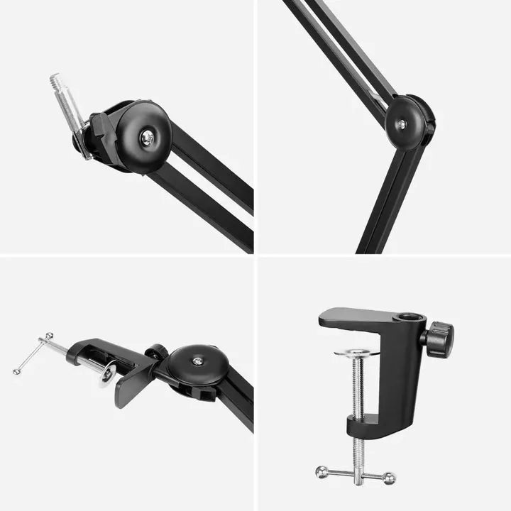 Black adjustable stand with multiple attachments on a white background