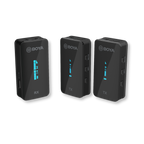 Three BOYA wireless microphone transmitters on a white background