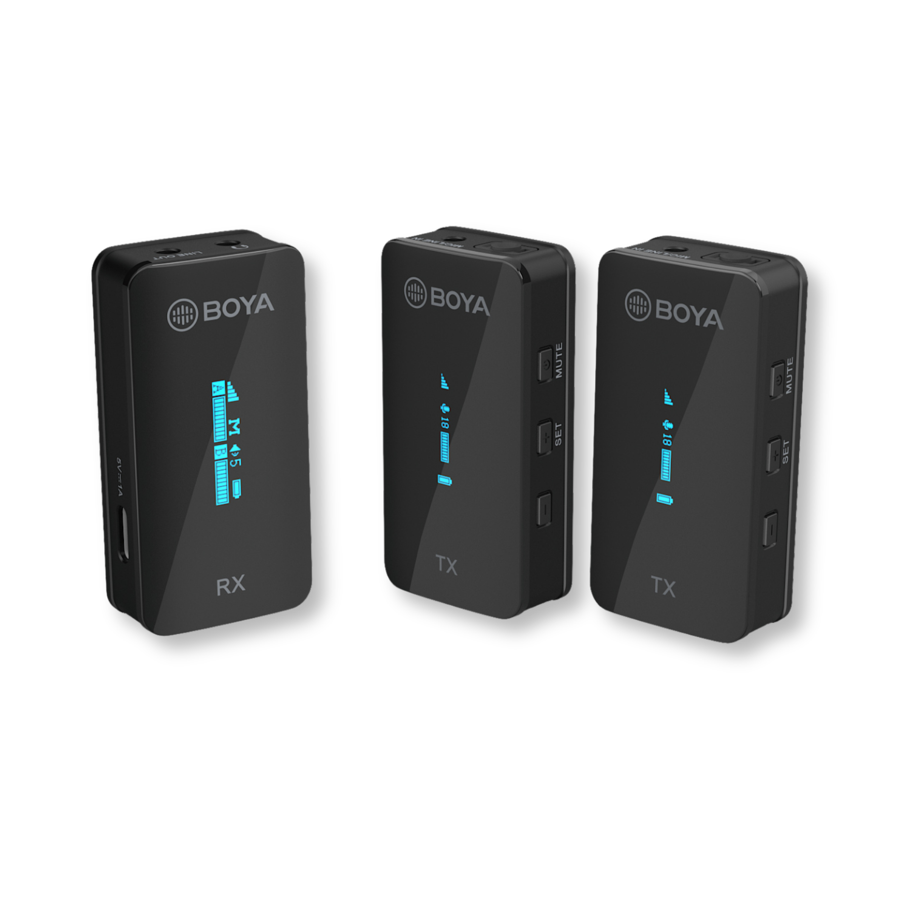 Three BOYA wireless microphone transmitters on a white background