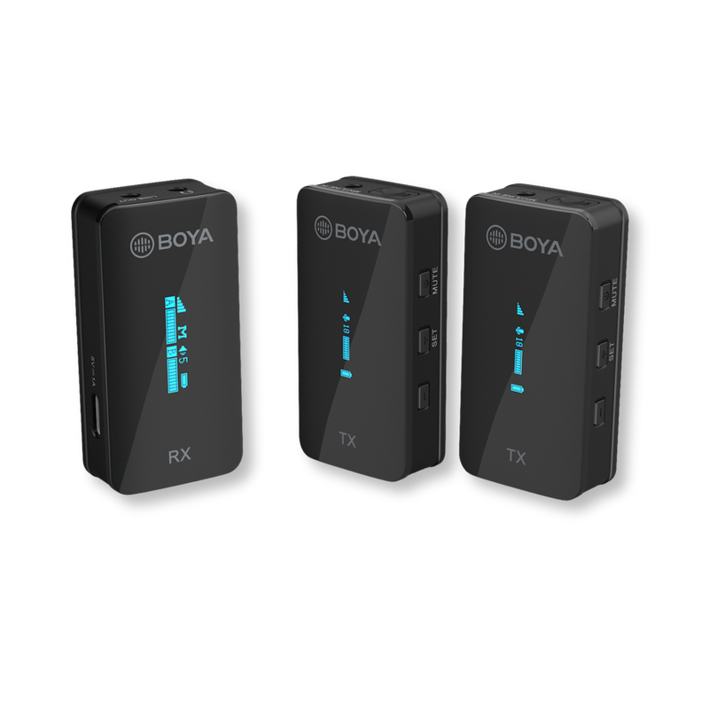 Three BOYA wireless microphone transmitters on a white background