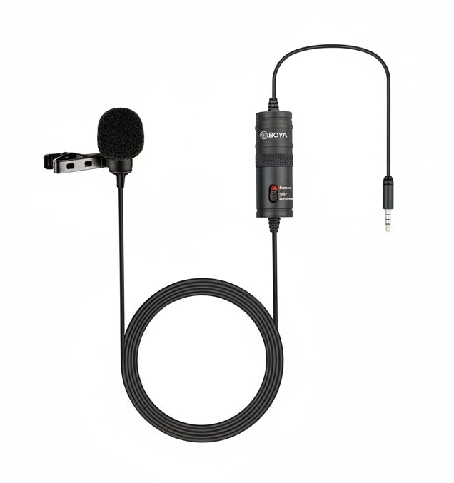 BOYA BY-M1 - Lavalier microphone with cable and Boya branding on a white background