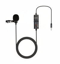 Lavalier microphone with cable and Boya branding on a white background