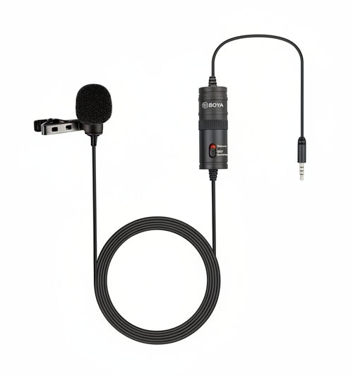 Lavalier microphone with cable and Boya branding on a white background