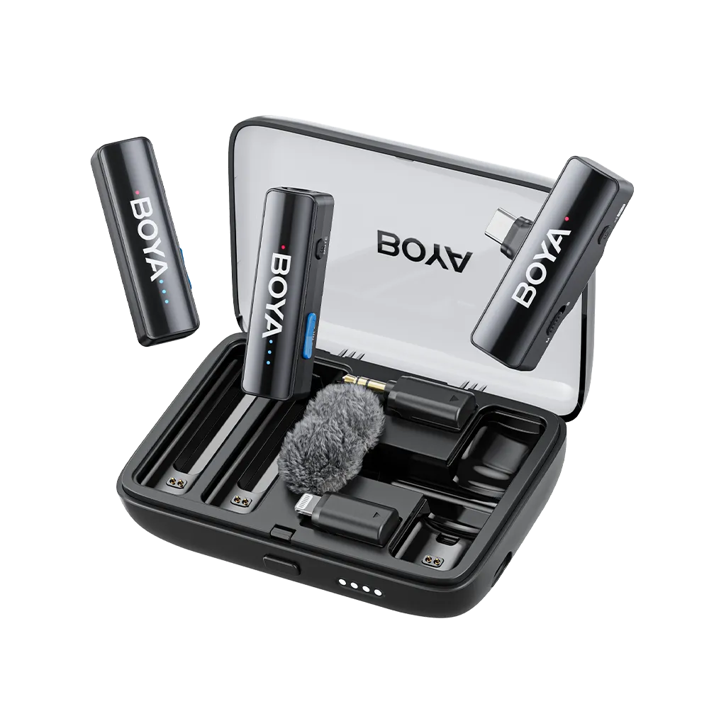 BOYA BY-M1 microphone kit with accessories on a white background
