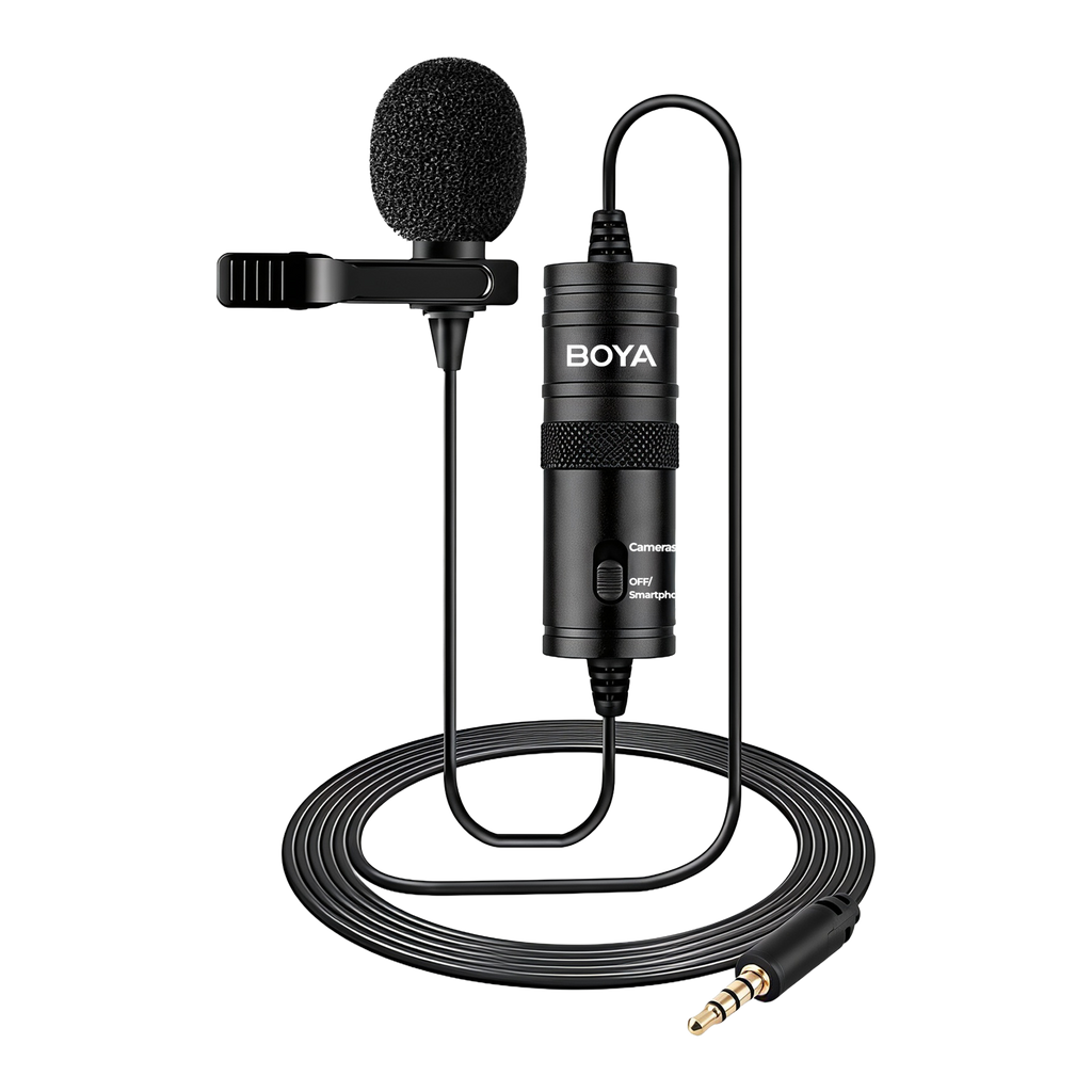A BOYA lavalier microphone with a black foam windscreen, a black clip, and a coiled black cable ending in a gold-plated 3.5mm jack, shown on a clean white background.