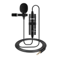 A BOYA lavalier microphone with a black foam windscreen, a black clip, and a coiled black cable ending in a gold-plated 3.5mm jack, shown on a clean white background.