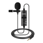 A BOYA lavalier microphone with a black foam windscreen, a black clip, and a coiled black cable ending in a gold-plated 3.5mm jack, shown on a clean white background.