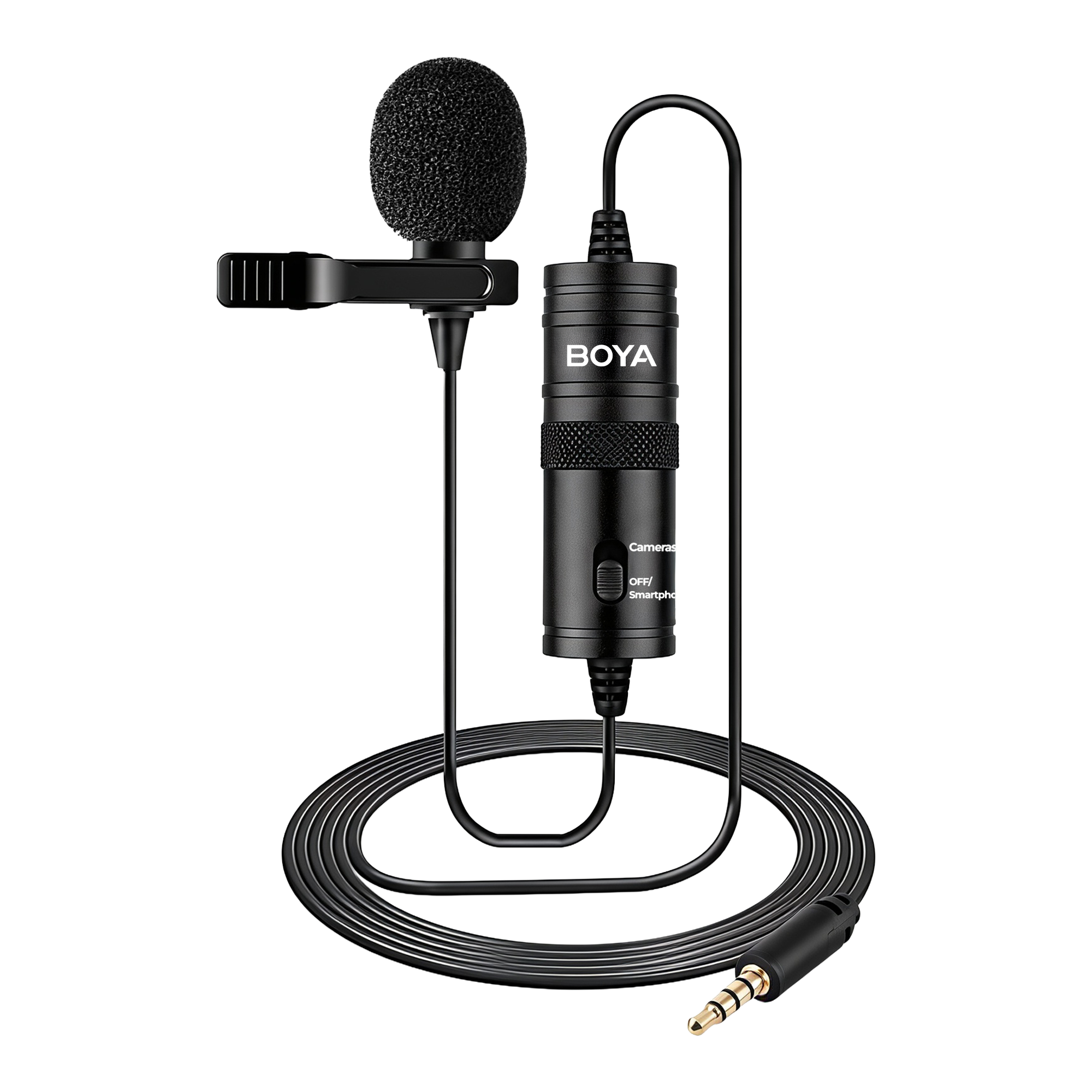 A BOYA lavalier microphone with a black foam windscreen, a black clip, and a coiled black cable ending in a gold-plated 3.5mm jack, shown on a clean white background.