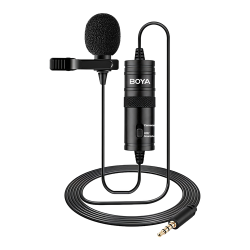 A BOYA lavalier microphone with a black foam windscreen, a black clip, and a coiled black cable ending in a gold-plated 3.5mm jack, shown on a clean white background.