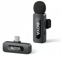 Two BOYA wireless microphone transmitter and receiver on a white background