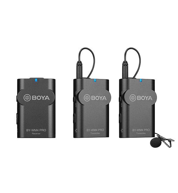 Two black wireless microphone transmitters and one black wireless microphone receiver with a blue LED indicator, branded by BOYA.