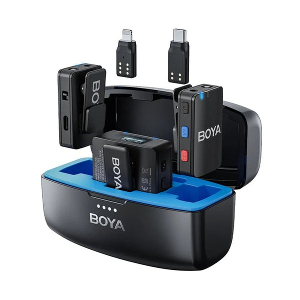 BOYA wireless microphone system with receiver, transmitter, and charging station on a white background