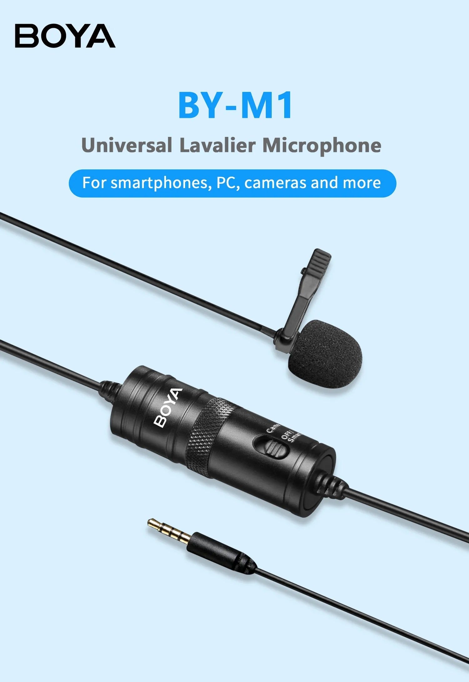 BOYA BY M1 Universal Lavalier Microphone On A Light Blue Background boya-by-m1-universal-lavalier-microphone-on-a-light-blue-background