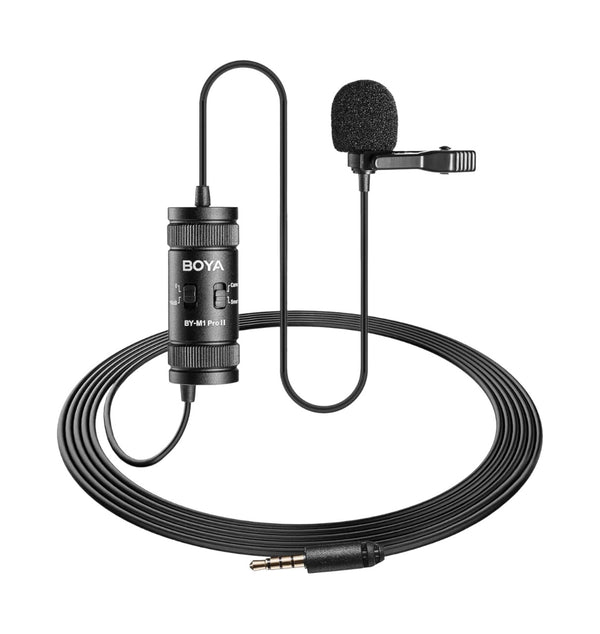 Boya BY-M1 Pro+ lavalier microphone with cable on a white background