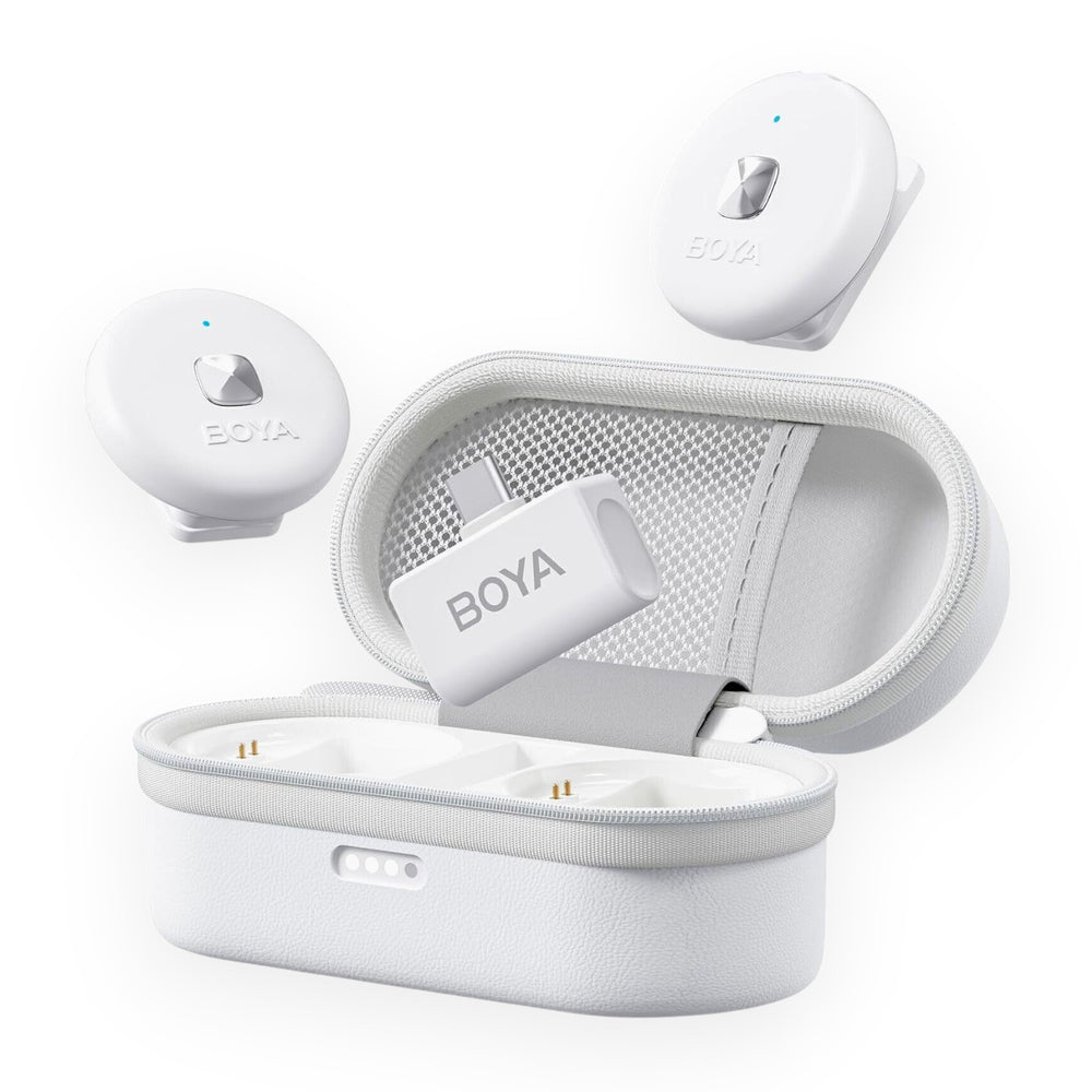 White wireless earbuds with charging case on a white background, featuring the BOYA brand.